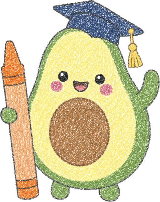Cado the avocado, holding a crayon and waving