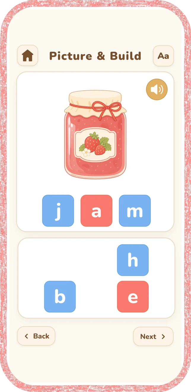 Picture and Build: spell jam with letter tiles